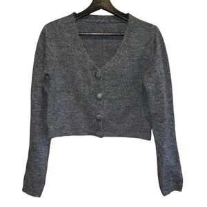 Grey Cropped Cardigan Sweater Womens S VNeck Long‎ Sleeve Lightweight